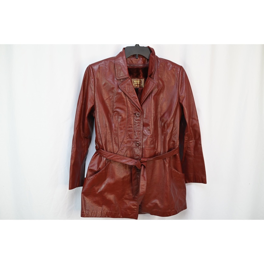 Vintage 70s Red Leather Belted Jacket with Removable Fuzzy Lining Made in Korea